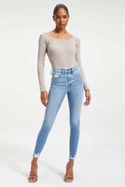 GOOD AMERICAN High Waisted GOOD WAIST CROP W/ CHEWED HEM | INDIGO021