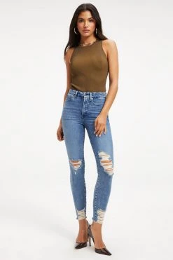 GOOD AMERICAN GOOD WAIST CROP CHEWED HEM | INDIGO020