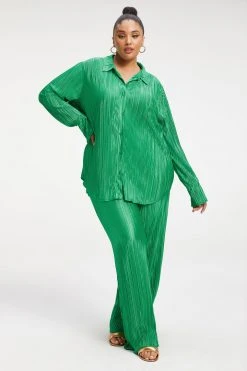 GOOD AMERICAN ALWAYS FITS PLISSÉ SHIRT | SUMMER GREEN002