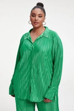 GOOD AMERICAN ALWAYS FITS PLISSÉ SHIRT | SUMMER GREEN002