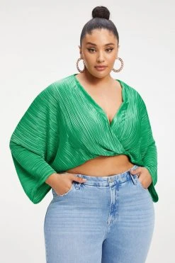 GOOD AMERICAN ALWAYS FITS PLISSÉ SCULPTED TOP | SUMMER GREEN002 Tops