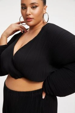 GOOD AMERICAN ALWAYS FITS PLISSÉ SCULPTED TOP | BLACK001 Tops