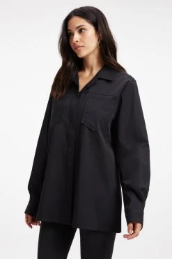 GOOD AMERICAN SLIT BACK POPLIN SHIRT | BLACK001 Tops